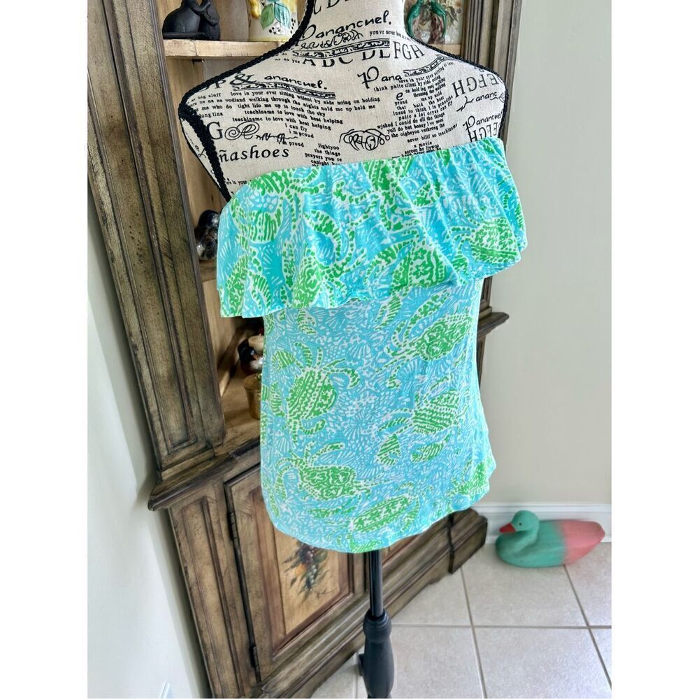 Lilly Pulitzer Strapless Tee Shirt XS 32 Bust Blue Green Coconut Girl Knit Top - Picture 5 of 7